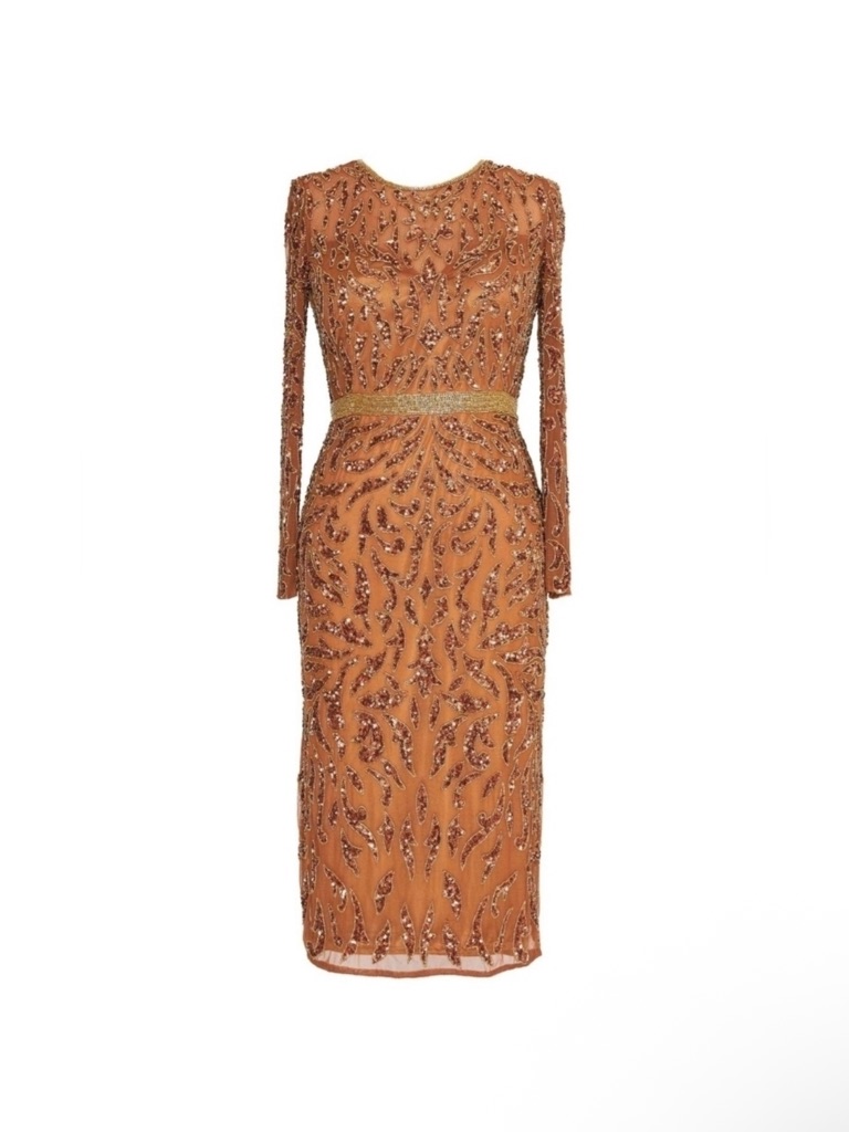 Mac Duggal Copper Sequin Embellished Long Sleeve Dress